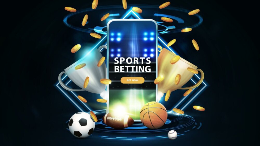 Sports,Betting,,Blue,Banner,With,Smartphone,,Champion,Cups,,Falling,Gold