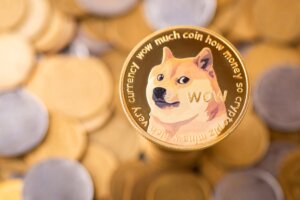The,Golden,Dogecoin,With,Background,Of,Regular,Coins.,Dogecoin,Cryptocurrency