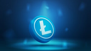 Digital,Blue,Banner,With,3d,Coin,Of,Litecoin,Cryptocurrency,On